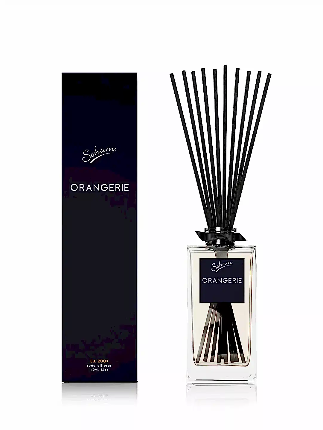 A bottle of Sohum Fragrance Diffuser by Flowers on Norton St boasts sleek black sticks with natural fiber reeds, offering a fine fragrance experience.