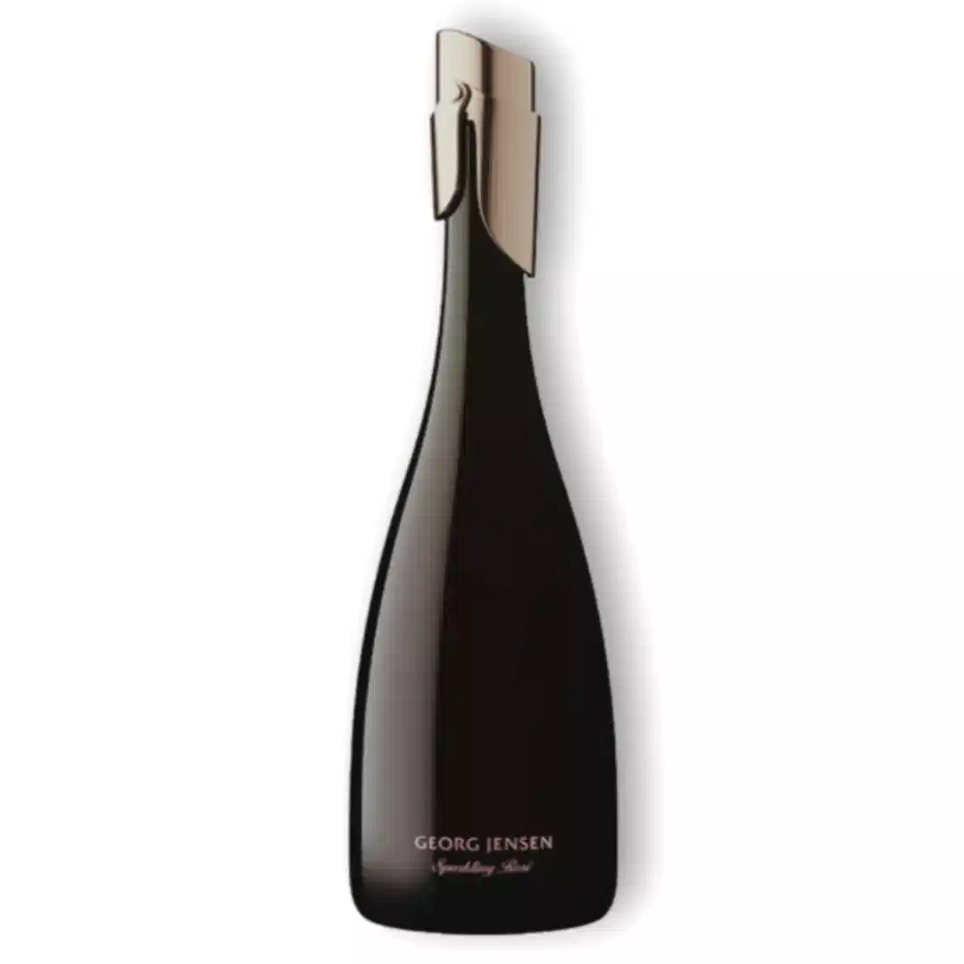 A sleek, dark bottle of Georg Jensen Sparkling Wine from Flowers on Norton St featuring a modern design and an elegant silver cap.