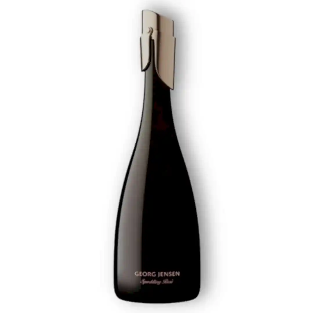 A sleek, dark bottle of Georg Jensen Sparkling Wine from Flowers on Norton St featuring a modern design and an elegant silver cap.