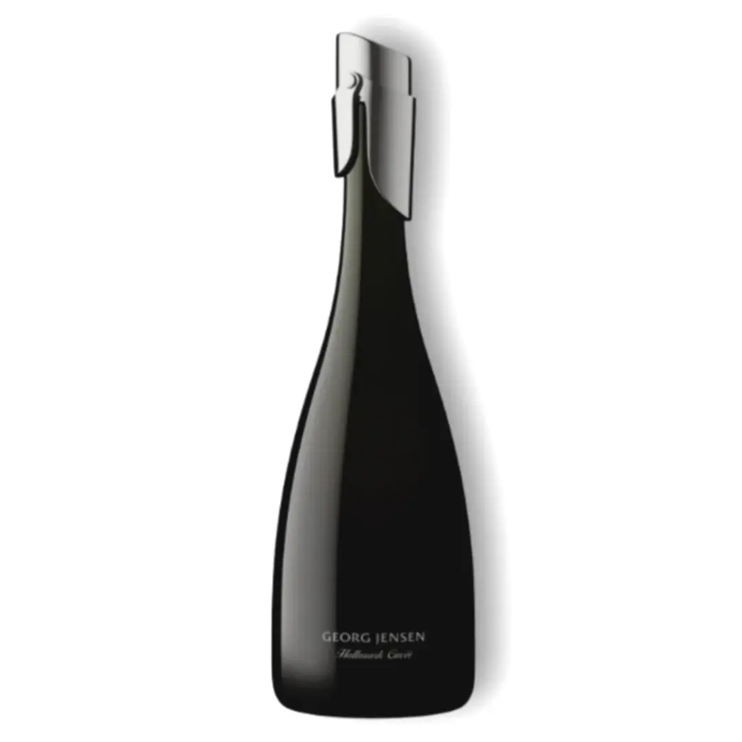 A sleek, black bottle of Georg Jensen Sparkling Wine from Flowers on Norton St is adorned with a modern, silver cap. The design is elegant and minimalistic, prominently featuring the brand name along with "Georg Jensen Hallmark Cuvée" in subtle white text near the bottom—ideal for showcasing your appreciation for exceptional sparkling wine.