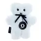 A soft, blue teddy bear crafted from Australian sheepskin features a black ribbon and a "Flatout Bear" tag around its neck. With small black eyes and nose, this comfort companion's simple design enhances its plush appearance. Product: Flatout Bears Baby Toy by Flowers on Norton St.