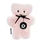 The Flatout Bears Baby Toy by Flowers on Norton St is a comforting pink teddy made from Australian sheepskin, featuring black eyes, a stitched nose, and a black ribbon with a round "Flatout Bear" tag around its neck.