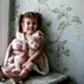 A young girl with dark hair sits smiling on a bench by a window, cradling her Lily & George Bunny, soft and snuggly stuffed animals from Flowers on Norton St. The wall behind her features floral detailing with green leaves. She is barefoot and wearing a white dress.