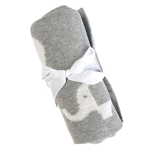 The Ellie Baby Blanket from FlowersonNortonSt is a cozy gray blanket adorned with white elephant patterns and comes elegantly tied with a white ribbon.