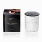 A white candle from the "Sohum Gardenalia Candles" collection by Flowers on Norton St, nestled in a black box adorned with abstract pink and black designs, offers an enjoyable burn time. This Eco Wax candle, featuring a black lid and gold branding, emits gentle floral aromas.