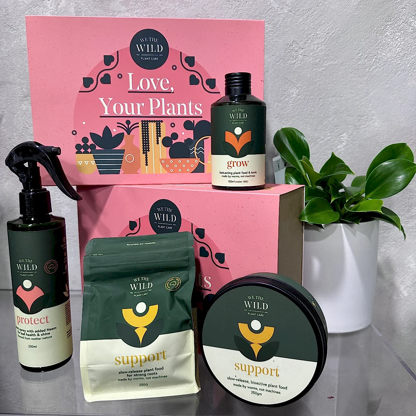 On the table, you can see a collection from the Plant Lovers Gift Set by FlowersonNortonSt. The items include a pest spray bottle, a growth concentrate called "grow," and both a pouch and tub labeled "support." Behind them is a pink sign adorned with plant illustrations that reads "Love, Your Plants.