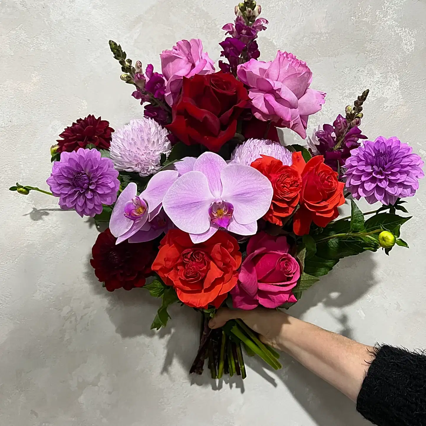 In a delicate backdrop, a hand showcases the Be Bold Seasonal Bouquet by FlowersonNortonSt, featuring a lively assortment of seasonal flowers including pink phalaenopsis orchids, red and orange roses, purple dahlias, and additional pink blossoms.
