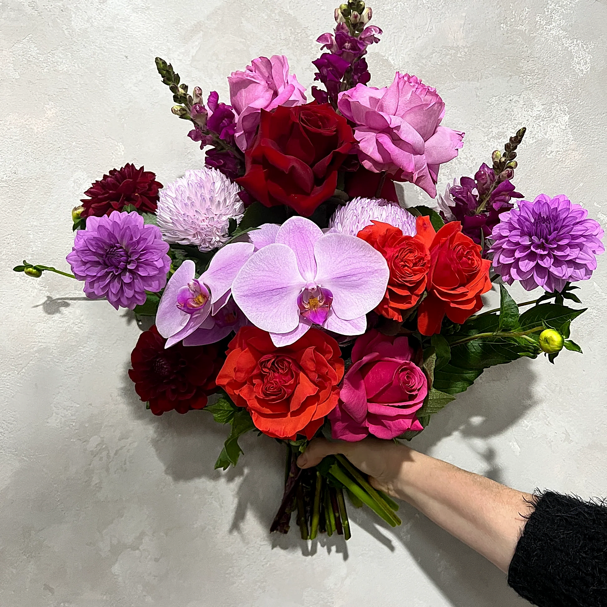 In a delicate backdrop, a hand showcases the Be Bold Seasonal Bouquet by FlowersonNortonSt, featuring a lively assortment of seasonal flowers including pink phalaenopsis orchids, red and orange roses, purple dahlias, and additional pink blossoms.