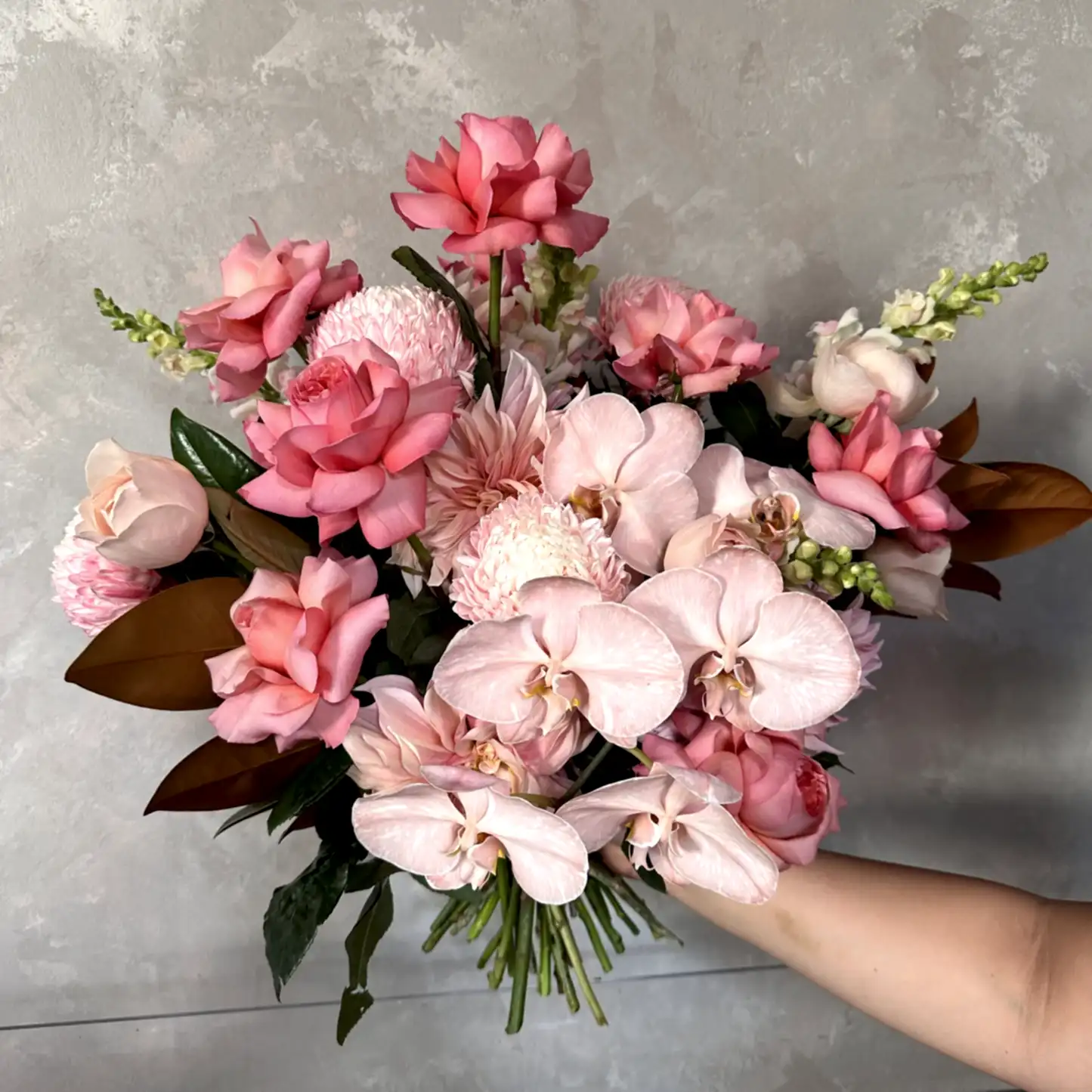 A hand holds the Pink Expression Seasonal Bouquet 2024 by Flowers on Norton St, showcasing pink and peach blooms such as roses and seasonal flowers, adorned with elegant Phalaenopsis orchids and green leaves against a gray textured background.