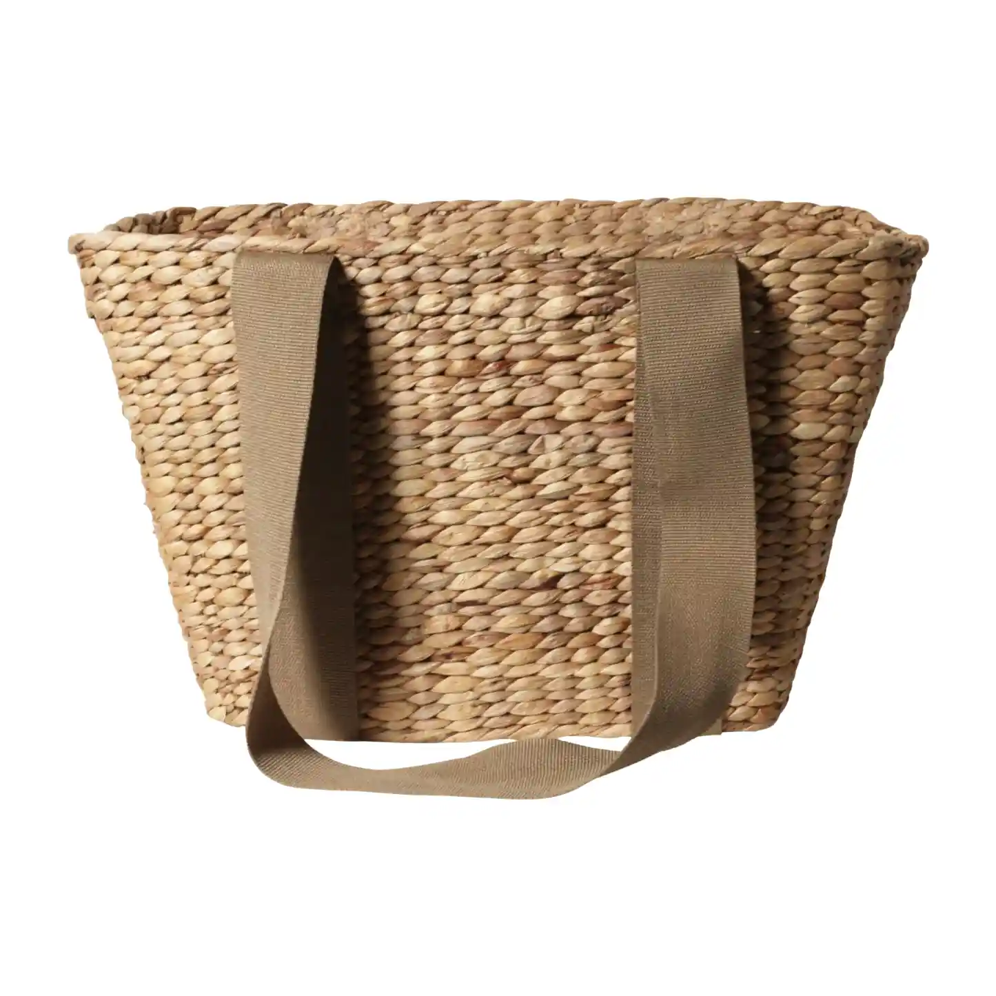 The Journey Tote Bag by Flowers on Norton St is a hand-woven straw tote featuring two wide beige shoulder straps that highlight its textured, natural straw appearance. These straps are attached at the top of this spacious, open design, reminiscent of a water hyacinth basket.