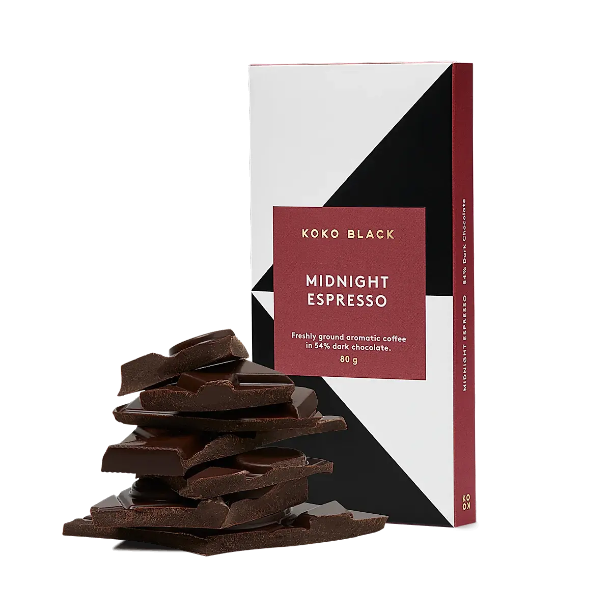 A stylishly designed chocolate bar labeled "Koko Black Midnight Espresso Chocolate" from Flowers on Norton St is pictured beside a stack of pure espresso dark chocolate pieces. This indulgent treat is infused with freshly ground aromatic coffee and features geometric patterns on its packaging.