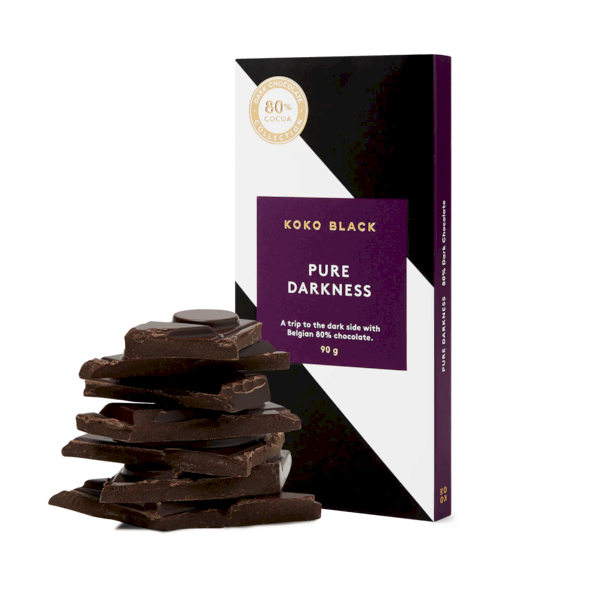 The Koko Black Chocolate Block from FlowersonNortonSt, boasting 80% cocoa, is elegantly packaged in black, white, and purple. Handcrafted with care using sustainably sourced cocoa, it is paired with a small stack of dark chocolate squares.