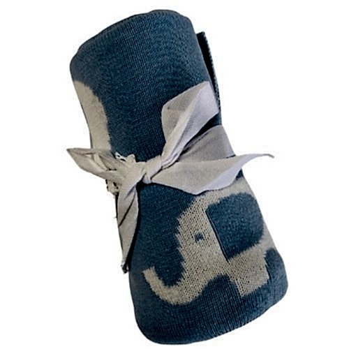 The Ellie Baby Blanket by FlowersonNortonSt is a cuddly rolled-up blue and white baby blanket, adorned with an adorable elephant pattern and tied with a soft white ribbon.