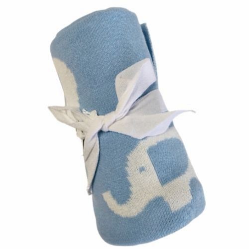 The Ellie Baby Blanket by FlowersonNortonSt is a cuddly rolled-up blue and white baby blanket, adorned with an adorable elephant pattern and tied with a soft white ribbon.