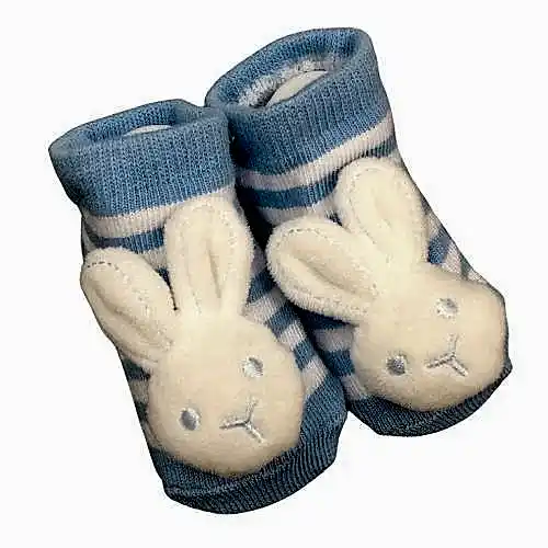 Charming blue Baby Bunny Socks from Flowers on Norton St, adorned with white stripes and a plush bunny face on each front.