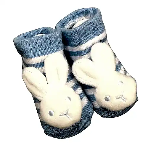 Charming blue Baby Bunny Socks from Flowers on Norton St, adorned with white stripes and a plush bunny face on each front.